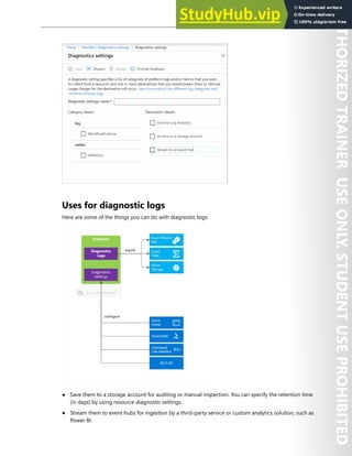 Azure Monitor 279
Uses for diagnostic logs
Here are some of the things you can do with diagnostic logs:
● Save them to a storage account for auditing or manual inspection. You can specify the retention time
(in days) by using resource diagnostic settings.
● Stream them to event hubs for ingestion by a third-party service or custom analytics solution, such as
Power BI.
 