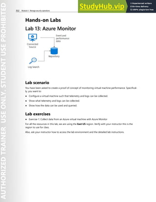 312 Module 4 Manage security operations
Hands-on Labs
Lab 13: Azure Monitor
Lab scenario
You have been asked to create a proof of concept of monitoring virtual machine performance. Specifical-
ly, you want to:
● Configure a virtual machine such that telemetry and logs can be collected.
● Show what telemetry and logs can be collected.
● Show how the data can be used and queried.
Lab exercises
● Exercise 1: Collect data from an Azure virtual machine with Azure Monitor
For all the resources in this lab, we are using the East US region. Verify with your instructor this is the
region to use for class.
Also, ask your instructor how to access the lab environment and the detailed lab instructions.
 
