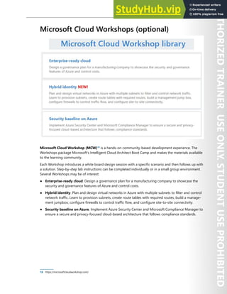 Hands-on Labs 315
Microsoft Cloud Workshops (optional)
Microsoft Cloud Workshop (MCW)18
is a hands-on community-based development experience. The
Workshops package Microsoft's Intelligent Cloud Architect Boot Camp and makes the materials available
to the learning community.
Each Workshop introduces a white board design session with a specific scenario and then follows up with
a solution. Step-by-step lab instructions can be completed individually or in a small group environment.
Several Workshops may be of interest:
● Enterprise-ready cloud. Design a governance plan for a manufacturing company to showcase the
security and governance features of Azure and control costs.
● Hybrid identity. Plan and design virtual networks in Azure with multiple subnets to filter and control
network traffic. Learn to provision subnets, create route tables with required routes, build a manage-
ment jumpbox, configure firewalls to control traffic flow, and configure site-to-site connectivity.
● Security baseline on Azure. Implement Azure Security Center and Microsoft Compliance Manager to
ensure a secure and privacy-focused cloud-based architecture that follows compliance standards.
18 https://microsoftcloudworkshop.com/
 