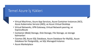 Temel Azure İş Yükleri
• Virtual Machines, Azure App Services, Azure Container Instances (ACI),
Azure Kubernetes Service (...