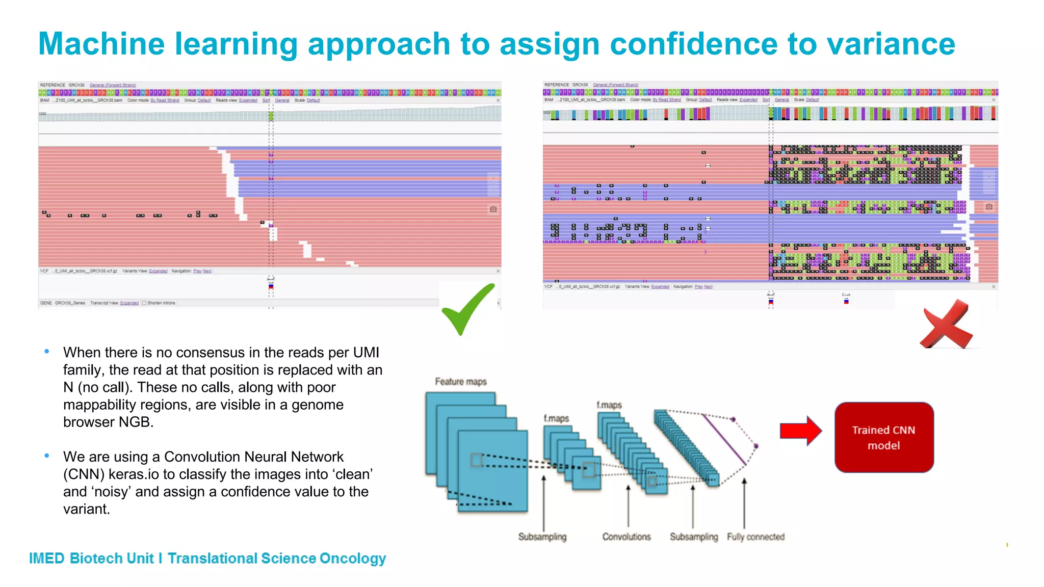 Machine learning approach to assign confidence to variance
• When there is no consensus in the reads per UMI
family, the read at that position is replaced with an
N (no call). These no calls, along with poor
mappability regions, are visible in a genome
browser NGB.
• We are using a Convolution Neural Network
(CNN) keras.io to classify the images into ‘clean’
and ‘noisy’ and assign a confidence value to the
variant.
 