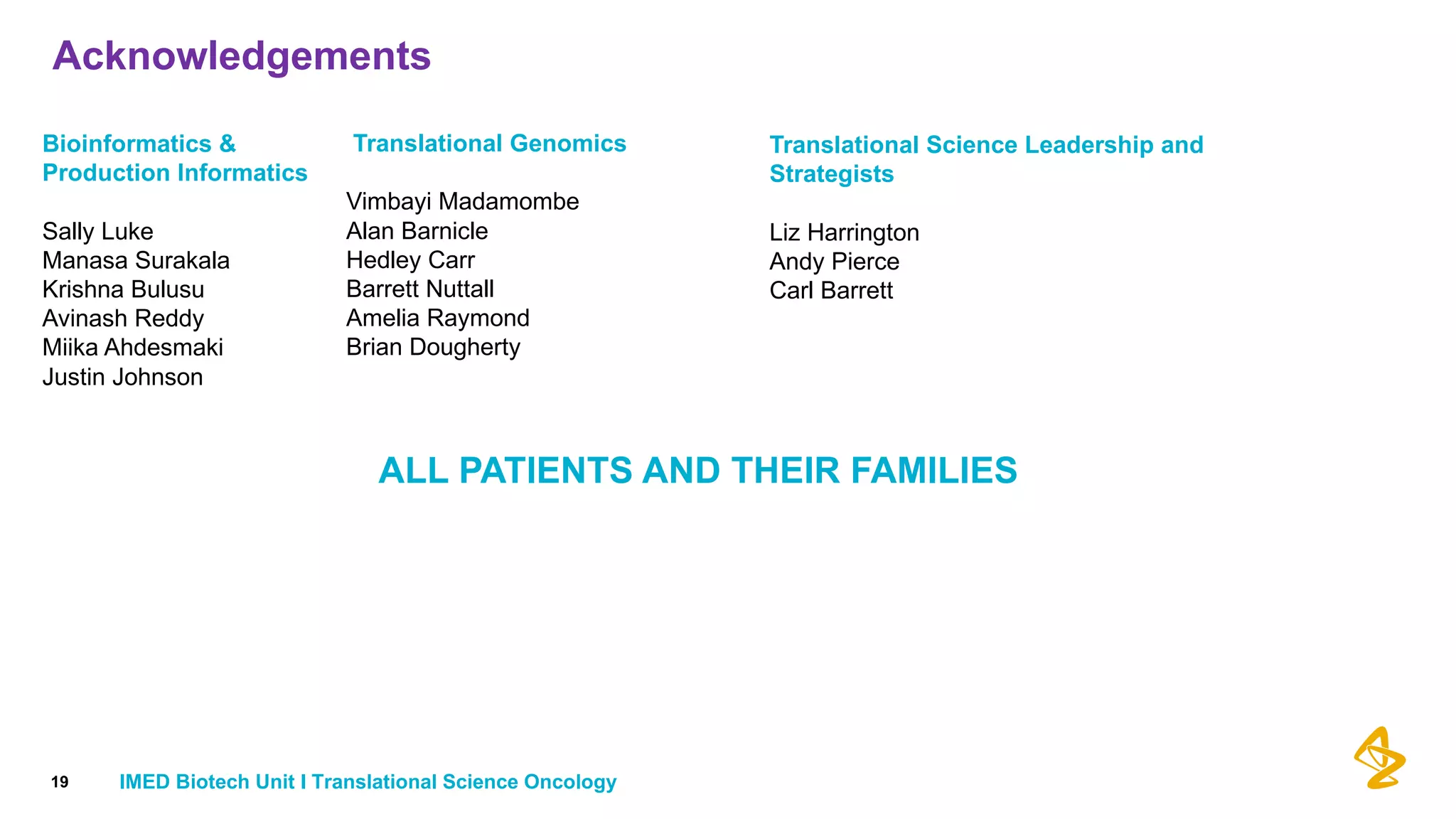 Acknowledgements
Bioinformatics &
Production Informatics
Sally Luke
Manasa Surakala
Krishna Bulusu
Avinash Reddy
Miika Ahdesmaki
Justin Johnson
19
Translational Genomics
Vimbayi Madamombe
Alan Barnicle
Hedley Carr
Barrett Nuttall
Amelia Raymond
Brian Dougherty
Translational Science Leadership and
Strategists
Liz Harrington
Andy Pierce
Carl Barrett
ALL PATIENTS AND THEIR FAMILIES
IMED Biotech Unit I Translational Science Oncology
 