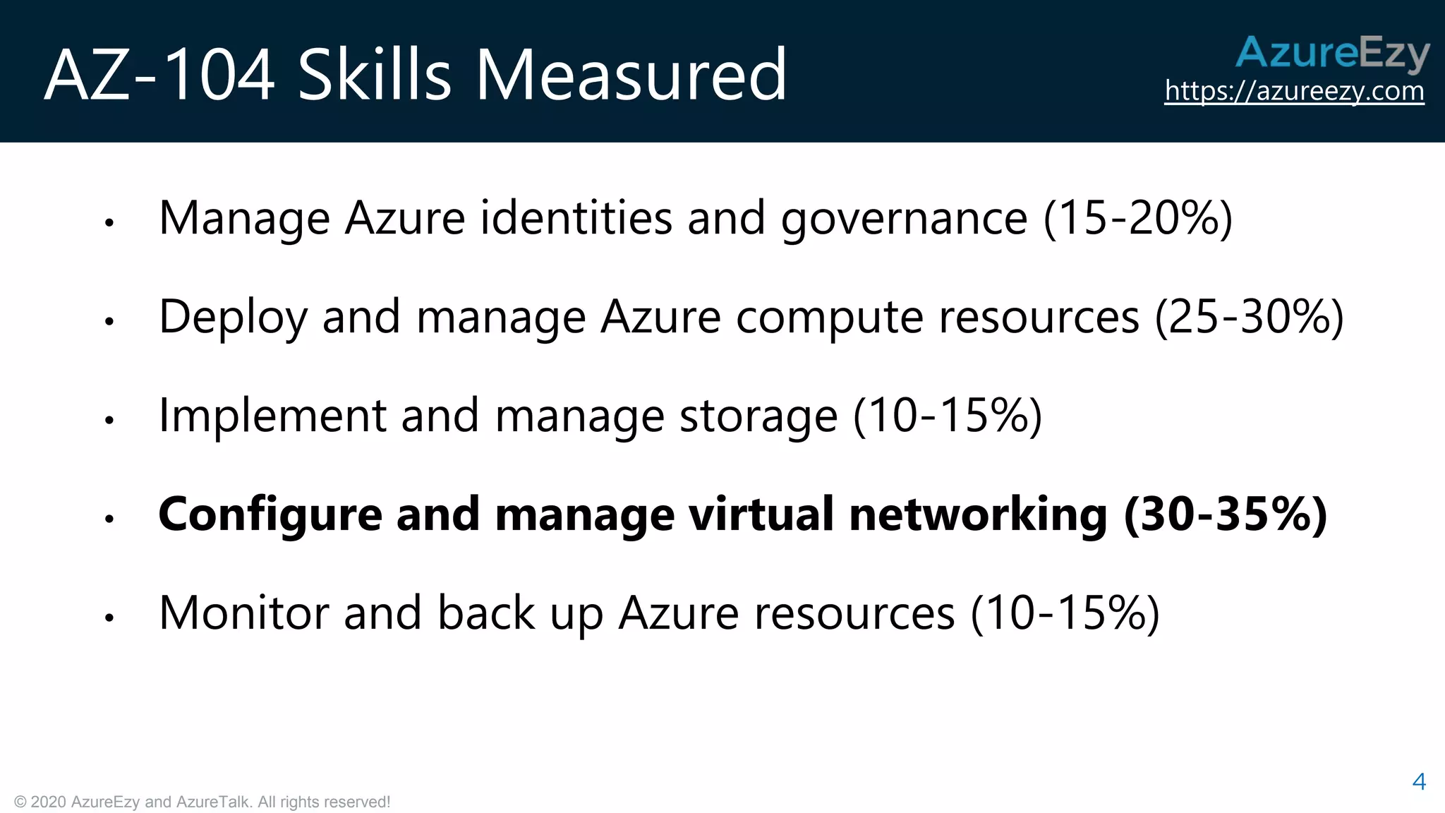 https://azureezy.com
© 2020 AzureEzy and AzureTalk. All rights reserved!
AZ-104 Skills Measured
• Manage Azure identities and governance (15-20%)
• Deploy and manage Azure compute resources (25-30%)
• Implement and manage storage (10-15%)
• Configure and manage virtual networking (30-35%)
• Monitor and back up Azure resources (10-15%)
4
 