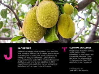 AGENCY OF RELEVANCE
JACKFRUIT
Jackfruit is a hot new vegan ingredient from Southeast
Asia. It’s high in ﬁber and low in ca...