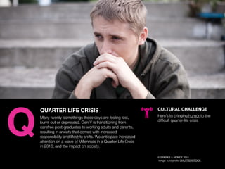 AGENCY OF RELEVANCE
QUARTER LIFE CRISIS
Many twenty-somethings these days are feeling lost,
burnt out or depressed. Gen Y ...