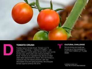 AGENCY OF RELEVANCE
TOMATO CRUSH
Foodies have a Tomato Crush. Tomato is an “it
ingredient.” Tomatoes — heirloom to GMOs — ...