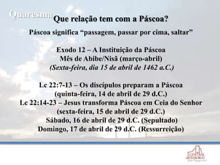 Que relação tem com a Páscoa?
Páscoa significa “passagem, passar por cima, saltar”
Exodo 12 – A Instituição da Páscoa
Mês de Abibe/Nisã (março-abril)
(Sexta-feira, dia 15 de abril de 1462 a.C.)
Lc 22:7-13 – Os discípulos preparam a Páscoa
(quinta-feira, 14 de abril de 29 d.C.)
Lc 22:14-23 – Jesus transforma Páscoa em Ceia do Senhor
(sexta-feira, 15 de abril de 29 d.C.)
Sábado, 16 de abril de 29 d.C. (Sepultado)
Domingo, 17 de abril de 29 d.C. (Ressurreição)
Quaresma
 