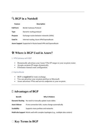 🔍 BGP in a Nutshell
Feature Description
Full Form Border Gateway Protocol
Type Dynamic routing protocol
Purpose Exchange routes between networks (ASNs)
Used In Internet routing, Azure VPN/ExpressRoute
Azure Support Supported in Route-based VPN and ExpressRoute
🛠️Where is BGP Used in Azure?
1. VPN Gateway with BGP
 Dynamically advertises your Azure VNet IP ranges to your on-prem router.
 Accepts on-prem IP ranges dynamically.
 Eliminates manual route configuration.
2. ExpressRoute
 BGP is required for route exchange.
 You can advertise your on-prem prefixes to Microsoft.
 Azure advertises VNet and service endpoints to your on-prem.
✅ Advantages of BGP
Benefit Why It Matters
Dynamic Routing No need to manually update route tables
Auto Failover If one connection fails, routes change automatically
Scalability Supports many prefixes and networks
Multi-site Support Works well with complex topologies (e.g., multiple data centers)
🧾 Key Terms in BGP
 