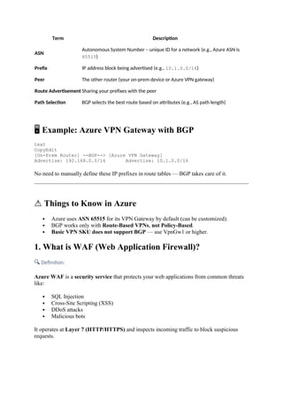 Term Description
ASN
Autonomous System Number – unique ID for a network (e.g., Azure ASN is
65515)
Prefix IP address block being advertised (e.g., 10.1.0.0/16)
Peer The other router (your on-prem device or Azure VPN gateway)
Route Advertisement Sharing your prefixes with the peer
Path Selection BGP selects the best route based on attributes (e.g., AS path length)
🖥️Example: Azure VPN Gateway with BGP
text
CopyEdit
[On-Prem Router] --BGP--> [Azure VPN Gateway]
Advertise: 192.168.0.0/16 Advertise: 10.1.0.0/16
No need to manually define these IP prefixes in route tables — BGP takes care of it.
⚠️Things to Know in Azure
 Azure uses ASN 65515 for its VPN Gateway by default (can be customized).
 BGP works only with Route-Based VPNs, not Policy-Based.
 Basic VPN SKU does not support BGP — use VpnGw1 or higher.
1. What is WAF (Web Application Firewall)?
🔍 Definition:
Azure WAF is a security service that protects your web applications from common threats
like:
 SQL Injection
 Cross-Site Scripting (XSS)
 DDoS attacks
 Malicious bots
It operates at Layer 7 (HTTP/HTTPS) and inspects incoming traffic to block suspicious
requests.
 