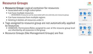 Resource Group: Logical container for resources
Associated with a single subscription
Can have multiple resources
(REMEMBER) A resource can be associated with one and only one resource group
Can have resources from multiple regions
Deleting it deletes all resources under it
Tags assigned to resource group are not automatically applied
to resources
HOWEVER, Permissions/Roles assigned to user at the resource group level
are inherited by all resources in the group
Resource Groups (like Management Groups) are free
Resource Groups
Resource Groups
105
 