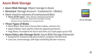 Azure Blob Storage: Object storage in Azure
Structure: Storage Account > Container(s) > Blob(s)
Store massive volumes of u...