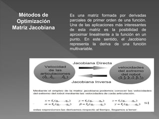 Es una matriz formada por derivadas
parciales de primer orden de una función.
Una de las aplicaciones más interesantes
de esta matriz es la posibilidad de
aproximar linealmente a la función en un
punto. En este sentido, el Jacobiano
representa la deriva de una función
multivariable.
Métodos de
Optimización
Matriz Jacobiana
 