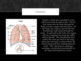 Oxygen, a basic gas, is needed by every cell in your body in order to live.  The air that comes into the body through the lungs contains oxygen and other gases.  In the lungs, the oxygen is moved into the bloodstream and carried through the body.  At each cell in the body, the oxygen cells are exchanged for waste gas called carbon dioxide.  The bloodstream then carries this waste gas back to the lungs where the waste gas is removed from the blood stream and then exhaled from the body.  This vital process, called gas exchange, is performed automatically by the lungs and respiratory system.  Conclusion 