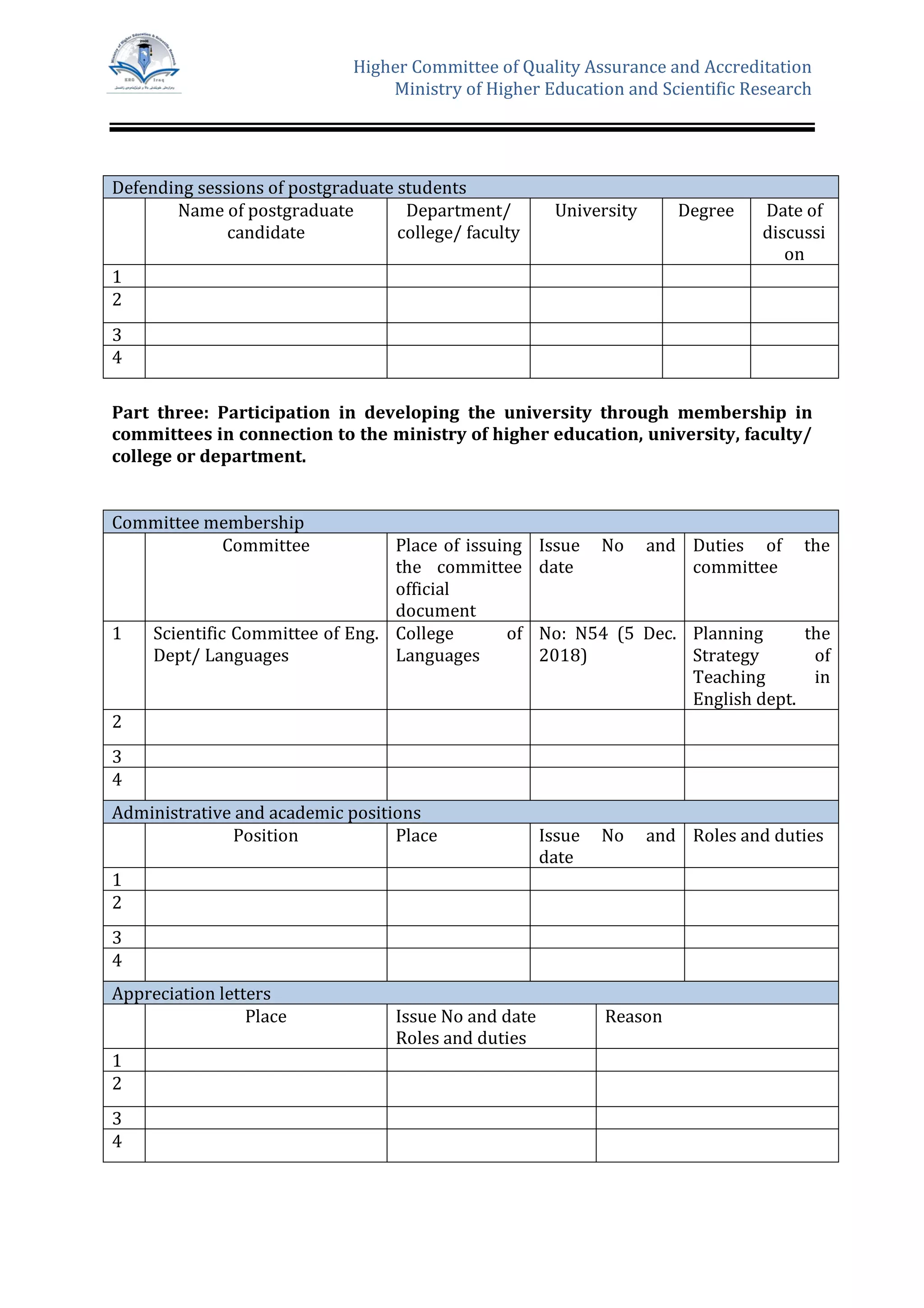 Higher Committee of Quality Assurance and Accreditation
Ministry of Higher Education and Scientific Research
Defending sessions of postgraduate students
Name of postgraduate
candidate
Department/
college/ faculty
University Degree Date of
discussi
on
1
2
3
4
Part three: Participation in developing the university through membership in
committees in connection to the ministry of higher education, university, faculty/
college or department.
Committee membership
Committee Place of issuing
the committee
official
document
Issue No and
date
Duties of the
committee
1 Scientific Committee of Eng.
Dept/ Languages
College of
Languages
No: N54 (5 Dec.
2018)
Planning the
Strategy of
Teaching in
English dept.
2
3
4
Administrative and academic positions
Position Place Issue No and
date
Roles and duties
1
2
3
4
Appreciation letters
Place Issue No and date
Roles and duties
Reason
1
2
3
4
 