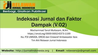 Indeksasi Jurnal dan Faktor
Dampak (V.02)
Mochammad Tanzil Multazam, M.Kn.
https://orcid.org/0000-0002-6373-1199
Ka. P3I UMSIDA, ORCID dan Crossref Ambassador Asia
Tim Ahli Relawan Jurnal Indonesia
 