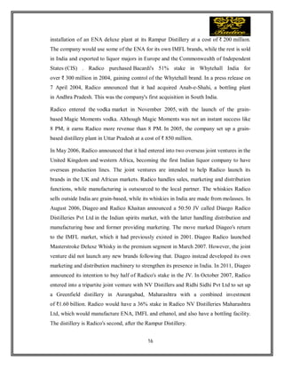 16
installation of an ENA deluxe plant at its Rampur Distillery at a cost of ₹ 200 million.
The company would use some of the ENA for its own IMFL brands, while the rest is sold
in India and exported to liquor majors in Europe and the Commonwealth of Independent
States (CIS) . Radico purchased Bacardi's 51% stake in Whytehall India for
over ₹ 300 million in 2004, gaining control of the Whytehall brand. In a press release on
7 April 2004, Radico announced that it had acquired Anab-e-Shahi, a bottling plant
in Andhra Pradesh. This was the company's first acquisition in South India.
Radico entered the vodka market in November 2005, with the launch of the grain-
based Magic Moments vodka. Although Magic Moments was not an instant success like
8 PM, it earns Radico more revenue than 8 PM. In 2005, the company set up a grain-
based distillery plant in Uttar Pradesh at a cost of ₹ 850 million.
In May 2006, Radico announced that it had entered into two overseas joint ventures in the
United Kingdom and western Africa, becoming the first Indian liquor company to have
overseas production lines. The joint ventures are intended to help Radico launch its
brands in the UK and African markets. Radico handles sales, marketing and distribution
functions, while manufacturing is outsourced to the local partner. The whiskies Radico
sells outside India are grain-based, while its whiskies in India are made from molasses. In
August 2006, Diageo and Radico Khaitan announced a 50:50 JV called Diaego Radico
Distilleries Pvt Ltd in the Indian spirits market, with the latter handling distribution and
manufacturing base and former providing marketing. The move marked Diageo's return
to the IMFL market, which it had previously existed in 2001. Diageo Radico launched
Masterstroke Deluxe Whisky in the premium segment in March 2007. However, the joint
venture did not launch any new brands following that. Diageo instead developed its own
marketing and distribution machinery to strengthen its presence in India. In 2011, Diageo
announced its intention to buy half of Radico's stake in the JV. In October 2007, Radico
entered into a tripartite joint venture with NV Distillers and Ridhi Sidhi Pvt Ltd to set up
a Greenfield distillery in Aurangabad, Maharashtra with a combined investment
of ₹1.60 billion. Radico would have a 36% stake in Radico NV Distilleries Maharashtra
Ltd, which would manufacture ENA, IMFL and ethanol, and also have a bottling facility.
The distillery is Radico's second, after the Rampur Distillery.
 