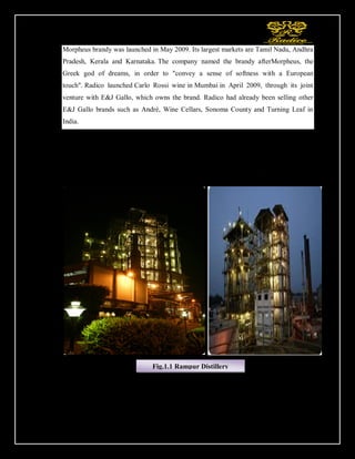 17
Morpheus brandy was launched in May 2009. Its largest markets are Tamil Nadu, Andhra
Pradesh, Kerala and Karnataka. The company named the brandy afterMorpheus, the
Greek god of dreams, in order to "convey a sense of softness with a European
touch". Radico launched Carlo Rossi wine in Mumbai in April 2009, through its joint
venture with E&J Gallo, which owns the brand. Radico had already been selling other
E&J Gallo brands such as André, Wine Cellars, Sonoma County and Turning Leaf in
India.
Radico announced on 7 April 2011 that it had entered into an agreement with Japanese
firm Suntory Liquors Ltd to market and distribute the latter's Yamazaki single
malt andHibiki blended whiskies in India. Radico launched After Dark, a 100% grain-
based whisky manufactured at its Rampur distillery, in September 2011.
Fig.1.1 Rampur Distillery
 