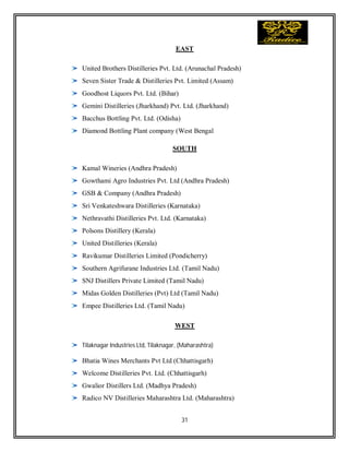 31
EAST
United Brothers Distilleries Pvt. Ltd. (Arunachal Pradesh)
Seven Sister Trade & Distilleries Pvt. Limited (Assam)
Goodhost Liquors Pvt. Ltd. (Bihar)
Gemini Distilleries (Jharkhand) Pvt. Ltd. (Jharkhand)
Bacchus Bottling Pvt. Ltd. (Odisha)
Diamond Bottling Plant company (West Bengal
SOUTH
Kamal Wineries (Andhra Pradesh)
Gowthami Agro Industries Pvt. Ltd (Andhra Pradesh)
GSB & Company (Andhra Pradesh)
Sri Venkateshwara Distilleries (Karnataka)
Nethravathi Distilleries Pvt. Ltd. (Karnataka)
Polsons Distillery (Kerala)
United Distilleries (Kerala)
Ravikumar Distilleries Limited (Pondicherry)
Southern Agrifurane Industries Ltd. (Tamil Nadu)
SNJ Distillers Private Limited (Tamil Nadu)
Midas Golden Distilleries (Pvt) Ltd (Tamil Nadu)
Empee Distilleries Ltd. (Tamil Nadu)
WEST
Tilaknagar Industries Ltd, Tilaknagar, (Maharashtra)
Bhatia Wines Merchants Pvt Ltd (Chhattisgarh)
Welcome Distilleries Pvt. Ltd. (Chhattisgarh)
Gwalior Distillers Ltd. (Madhya Pradesh)
Radico NV Distilleries Maharashtra Ltd. (Maharashtra)
 