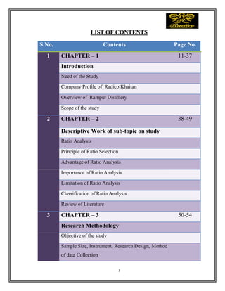 7
LIST OF CONTENTS
S.No. Contents Page No.
1 CHAPTER – 1 11-37
Introduction
Need of the Study
Company Profile of Radico Khaitan
Overview of Rampur Distillery
Scope of the study
2 CHAPTER – 2 38-49
Descriptive Work of sub-topic on study
Ratio Analysis
Principle of Ratio Selection
Advantage of Ratio Analysis
Importance of Ratio Analysis
Limitation of Ratio Analysis
Classification of Ratio Analysis
Review of Literature
3 CHAPTER – 3 50-54
Research Methodology
Objective of the study
Sample Size, Instrument, Research Design, Method
of data Collection
 