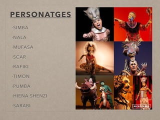 PERSONATGES
·SIMBA
·NALA
·MUFASA
·SCAR
·RAFIKI
·TIMON
·PUMBA
·HIENA SHENZI
·SARABI
 