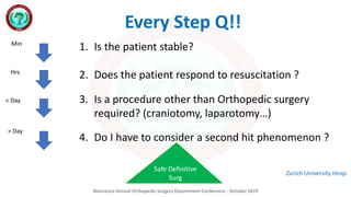 Mansoura Annual Orthopedic Surgery Department Conference - October 2019
1. Is the patient stable?
2. Does the patient respond to resuscitation ?
3. Is a procedure other than Orthopedic surgery
required? (craniotomy, laparotomy…)
4. Do I have to consider a second hit phenomenon ?
Min
Hrs
< Day
> Day
Safe Definitive
Surg
Zurich University Hosp.
Every Step Q!!
 