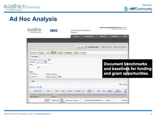 Ad Hoc Analysis




©2012 The HIT Community, LLC. All Rights Reserved.   8
 