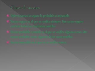  Diferenciamos lo seguro lo probable lo imposible.
 Suceso seguro es el que se verifica siempre. Un suceso seguro
contiene todos los resultados posibles.
 Suceso probable o posible es el que se verifica algunas veces. Un
suceso probable reúne algunos de los casos posibles.
 Suceso imposible es el que no se verifica nunca.
 