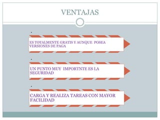 VENTAJAS
.
ES TOTALMENTE GRATIS Y AUNQUE POSEA
VERSIONES DE PAGA

.
UN PUNTO MUY IMPORTNTE ES LA
SEGURIDAD

.
CARGA Y REALIZA TAREAS CON MAYOR
FACILIDAD

 