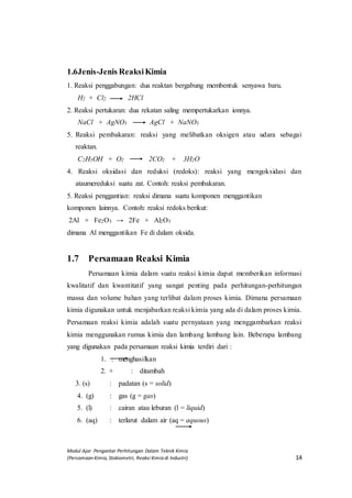 Modul Ajar Pengantar Perhitungan Dalam Teknik Kimia
(Persamaan Kimia, Stokiometri, Reaksi Kimia di Industri) 14
1.6Jenis-Jenis ReaksiKimia
1. Reaksi penggabungan: dua reaktan bergabung membentuk senyawa baru.
H2 + Cl2 2HCl
2. Reaksi pertukaran: dua rekatan saling mempertukarkan ionnya.
NaCl + AgNO3 AgCl + NaNO3
5. Reaksi pembakaran: reaksi yang melibatkan oksigen atau udara sebagai
reaktan.
C2H5OH + O2 2CO2 + 3H2O
4. Reaksi oksidasi dan reduksi (redoks): reaksi yang mengoksidasi dan
ataumereduksi suatu zat. Contoh: reaksi pembakaran.
5. Reaksi penggantian: reaksi dimana suatu komponen menggantikan
komponen lainnya. Contoh: reaksi redoks berikut:
2Al + Fe2O3 → 2Fe + Al2O3
dimana Al menggantikan Fe di dalam oksida.
1.7 Persamaan Reaksi Kimia
Persamaan kimia dalam suatu reaksi kimia dapat memberikan informasi
kwalitatif dan kwantitatif yang sangat penting pada perhitungan-perhitungan
massa dan volume bahan yang terlibat dalam proses kimia. Dimana persamaan
kimia digunakan untuk menjabarkan reaksi kimia yang ada di dalam proses kimia.
Persamaan reaksi kimia adalah suatu pernyataan yang menggambarkan reaksi
kimia menggunakan rumus kimia dan lambang lambang lain. Beberapa lambang
yang digunakan pada persamaan reaksi kimia terdiri dari :
1. : menghasilkan
2. + : ditambah
3. (s) : padatan (s = solid)
4. (g) : gas (g = gas)
5. (l) : cairan atau leburan (l = liquid)
6. (aq) : terlarut dalam air (aq = aquous)
 