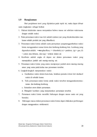 Modul Ajar Pengantar Perhitungan Dalam Teknik Kimia
(Persamaan Kimia, Stokiometri, Reaksi Kimia di Industri) 20
1.9 Rangkuman
Dari penjabaran teori yang dijelaskan pada topik ini, maka dapat dibuat
suatu rangkuman sebagai berikut:
1. Hukum kekekalan massa menyatakan bahwa massa zat sebelum reaksisama
dengan setelah reaksi.
2. Pada persamaan reaksi ruas kiri adalah reaktan (zat yang direaksikan)dan ruas
kanan adalah produk (zat yang dihasilkan).
3. Persamaan reaksi kimia adalah suatu pernyataan yangmenggambarkan reaksi
kimia menggunakan rumus kimia dan lambang-lambang lain. Lambang yang
digunakan adalah: = menghasilkan, += ditambah, (s) = padatan, (g) = gas, (l)
= cairan atau leburan, dan (aq) = terlarut dalam air.
4. Koefisien adalah angka di depan zat dalam persamaan reaksi yang
menunjukkan jumlah unit masing-masing zat.
5. Persamaan reaksi kimia yang setara mempunyai jumlah atom masing-masing
unsur yang sama pada kedua ruas persamaan tersebut.
6. Langkah-langkah menyetarakan reaksi:
a. Gambarkan reaksi dalam kata-kata, letakkan pereaksi disisi kiri danhasil
reaksi di sebelah kanan.
b. Tulis persamaan reaksi kimia untuk reaksi tersebut menggunakanrumus-
rumus dan lambang-lambang.
c. Setarakan atom dalam persamaan.
d. Hitunglah koefisien yang menyetarakan persamaan tersebut.
7. Persamaan reaksi kimia memiliki hubungan dengan massa suatu zat yang
bereaksi.
8. Hubungan massa dalam persamaan reaksi kimia dapat dilakukan perhitungan
dengan menggunakan stoikiometri.
 
