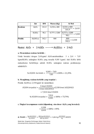 Modul Ajar Pengantar Perhitungan Dalam Teknik Kimia
(Persamaan Kimia, Stokiometri, Reaksi Kimia di Industri) 50
Zat BM Massa (Kg) K Mol
Reaktan Al2O3 101,9 0,554 x 480 0,554 𝑥 480
101,9
= 2,610
H2SO4 98,1 0,777 x 1200 0,777 𝑥 1200
98,1
= 9,505
Produk Al2(SO4)3 342,1 800 800
342,1
= 2,338
Reaksi: Al2O3 + 3 H2SO4 Al2(SO4)3 + 3 H2O
a. Menentukan reaktan berlebih :
Untuk bereaksi dengan 2,61kgmol Al2O3membutuhkan 3 x 2,61 = 7,83
kgmolH2SO4 sedangkan H2SO4 yang tersedia 9,505 kgmol. Jadi H2SO4 lebih
makarekatan berlebihnya adalah H2SO4 sedangkan reaktan pembatasnya
adalahAl2O3
% 𝐻2𝑆𝑂4 𝑏𝑒𝑟𝑙𝑒𝑏𝑖ℎ =
9,505 − 7,83
7,83
𝑥100% = 21,39%
b. Menghitung reaktan berlebih yang terpakai :
Produk Al2(SO4)3 2,338 kgmol ini memerlukan:
𝐻2𝑆𝑂4 𝑡𝑒𝑟𝑝𝑎𝑘𝑎𝑖 =
3 𝑘𝑚𝑜𝑙 𝐻2𝑆𝑂4
1 𝑘𝑚𝑜𝑙 𝐴𝑙2( 𝑆𝑂4)3
𝑥2,338 𝑘𝑚𝑜𝑙 𝐴𝑙2( 𝑆𝑂4)3
= 7,014 𝑘𝑚𝑜𝑙 𝐻2𝑆𝑂4
% 𝐻2𝑆𝑂4 𝑡𝑒𝑟𝑝𝑎𝑘𝑎𝑖 =
7,014
9,505
𝑥 100% = 73,79%
c. Tingkat kesempunaan reaksi (dipandang atas dasar Al2O3 yang bereaksi):
=
2,338
2,610
𝑥 100% = 89%
d. 𝒀𝒊𝒆𝒍𝒅 =
𝑘𝑔 𝐴𝑙2(𝑆𝑂4)3
𝑘𝑔 𝐴𝑙2𝑂3
=
800 𝑘𝑔 𝐴𝑙2(𝑆𝑂4)3
480 𝑘𝑔 𝐴𝑙2𝑂3
= 1,66 𝑘𝑔
𝐴𝑙2( 𝑆𝑂4)3
𝑘𝑔
𝐴𝑙2𝑂3
 