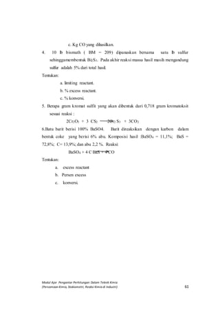 Modul Ajar Pengantar Perhitungan Dalam Teknik Kimia
(Persamaan Kimia, Stokiometri, Reaksi Kimia di Industri) 61
c. Kg CO yang dihasilkan.
4. 10 lb bismuth ( BM = 209) dipanaskan bersama satu lb sulfur
sehinggamembentuk Bi2S3. Pada akhir reaksi massa hasil masih mengandung
sulfur adalah 5% dari total hasil.
Tentukan:
a. limiting reactant.
b. % excess reactant.
c. % konversi.
5. Berapa gram kromat sulfit yang akan dibentuk dari 0,718 gram kromatoksit
sesuai reaksi :
2Cr2O3 + 3 CS2 2Cr2 S3 + 3CO2
6.Batu barit berisi 100% BaSO4. Barit direaksikan dengan karbon dalam
bentuk coke yang berisi 6% abu. Komposisi hasil :BaSO4 = 11,1%; BaS =
72,8%; C= 13,9%; dan abu 2,2 %. Reaksi:
BaSO4 + 4 C BaS + 4 CO
Tentukan:
a. excess reactant
b. Persen excess
c. konversi.
 