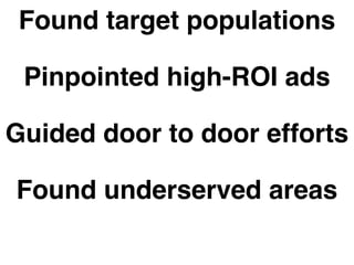 Found target populations 
Pinpointed high-ROI ads 
Guided door to door efforts 
Found underserved areas 
Mapped for advocacy 
 