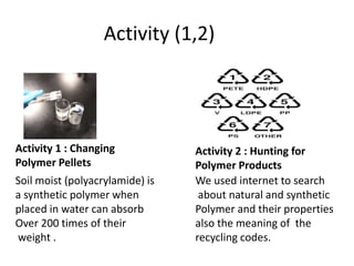 Activity (1,2)
Activity 1 : Changing
Polymer Pellets
Activity 2 : Hunting for
Polymer Products
Soil moist (polyacrylamide) is
a synthetic polymer when
placed in water can absorb
Over 200 times of their
weight .
We used internet to search
about natural and synthetic
Polymer and their properties
also the meaning of the
recycling codes.
 