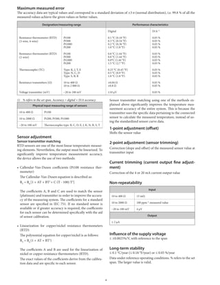 Maximum measured error
The	accuracy	data	are	typical	values	and	correspond	to	a	standard	deviation	of	±3	σ	(normal	distribution),	i.e.	99.8	%	of	all	the	
measured	values	achieve	the	given	values	or	better	values.
Designation/measuring range Performance characteristics
Digital D/A	1)
Resistance	thermometer	(RTD)
(3-wire,	4-wire)
Pt100
Pt500
Pt1000
Pt200
0.1	°C	(0.18	°F)
0.3	°C	(0.54	°F)
0.2	°C	(0.36	°F)
1.0	°C	(1.8	°F)
0.03	%
0.03	%
0.03	%
0.03	%
Resistance	thermometer	(RTD)
(2-wire)
Pt100
Pt500
Pt1000
Pt200
0.8	°C	(1.44	°F)
0.8	°C	(1.44	°F)
0.8°C	(1.44	°F)
1.5	°C	(2.7	°F)
0.03	%
0.03	%
0.03	%
0.03	%
Thermocouples	(TC) Type:	K,	J,	T,	E
Type:	N,	C,	D
Type:	S,	B,	R
0.25	°C	(0.45	°F)
0.5	°C	(0.9	°F)
1.0	°C	(1.8	°F)
0.03	%
0.03	%
0.03	%
Resistance	transmitters	(Ω) 10	to	400	Ω
10	to	2	000	Ω
±0.04	Ω
±0.8	Ω
0.03	%
0.03	%
Voltage	transmitter	(mV) –20	to	100	mV ±10	μV 0.03	%
1) % refers to the set span. Accuracy = digital + D/A accuracy
Physical input measuring range of sensors
10	to	400	Ω Pt100
10	to	2000	Ω Pt200,	Pt500,	Pt1000
–20	to	100	mV Thermocouples	type:	B,	C,	D,	E,	J,	K,	N,	R,	S,	T
Sensor adjustment
Sensor transmitter matching
RTD	sensors	are	one	of	the	most	linear	temperature	measur-
ing	elements.	Nevertheless,	the	output	must	be	linearized.	To	
significantly	 improve	 temperature	 measurement	 accuracy,	
the	device	allows	the	use	of	two	methods:
•	 Callendar-Van-Dusen	 coefficients	 (Pt100	 resistance	 ther-
mometer)
The	Callendar-Van-Dusen	equation	is	described	as:
RT
	=	R0
	
[1	+	AT	+	BT2	
+	C	(T	-	100)	T3
]
The	coefficients	A,	B	and	C	are	used	to	match	the	sensor	
(platinum)	and	transmitter	in	order	to	improve	the	accura-
cy	of	the	measuring	system.	The	coefficients	for	a	standard	
sensor	are	specified	in	IEC	751.	If	no	standard	sensor	is	
available	or	if	greater	accuracy	is	required,	the	coefficients	
for	each	sensor	can	be	determined	specifically	with	the	aid	
of	sensor	calibration.
•	 Linearization	 for	 copper/nickel	 resistance	 thermometers	
(RTD)
The	polynomial	equation	for	copper/nickel	is	as	follows:
RT
	=	R0
	
(1	+	AT	+	BT2
)
The	coefficients	A	and	B	are	used	for	the	linearization	of	
nickel	or	copper	resistance	thermometers	(RTD).
The	exact	values	of	the	coefficients	derive	from	the	calibra-
tion	data	and	are	specific	to	each	sensor.
Sensor	transmitter	matching	using	one	of	the	methods	ex-
plained	above	significantly	improves	the	temperature	mea-
surement	accuracy	of	the	entire	system.	This	is	because	the	
transmitter	uses	the	specific	data	pertaining	to	the	connected	
sensor	to	calculate	the	measured	temperature,	instead	of	us-
ing	the	standardized	sensor	curve	data.
1-point adjustment (offset)
Shifts	the	sensor	value
2-point adjustment (sensor trimming)
Correction	(slope	and	offset)	of	the	measured	sensor	value	at	
transmitter	input
Current trimming (current output fine adjust-
ment)
Correction	of	the	4	or	20	mA	current	output	value
Non-repeatability
Input
10	to	400	Ω 15	mΩ
10	to	2000	Ω 100	ppm	*	measured	value
–20	to	100	mV 4	μV
Output
≤	2	μA
Influence of the supply voltage
≤	±0.0025%/V,	with	reference	to	the	span
Long-term stability
≤	0.1	°C/year	(≤	0.18	°F/year)	or	≤	0.05	%/year
Data	under	reference	operating	conditions.	%	refers	to	the	set	
span.	The	larger	value	is	valid.
4
 