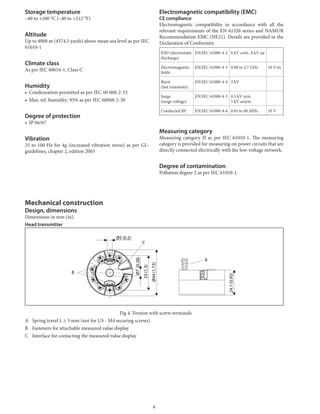Storage temperature
–40	to	+100	°C	(–40	to	+212	°F)
Altitude
Up	to	4000	m	(4374.5	yards)	above	mean	sea	level	as	per	IEC	
61010-1
Climate class
As	per	IEC	60654-1,	Class	C
Humidity
•	 Condensation	permitted	as	per	IEC	60	068-2-33
•	 Max.	rel.	humidity:	95%	as	per	IEC	60068-2-30
Degree of protection
•	 IP	66/67
Vibration
25	to	100	Hz	for	4g	(increased	vibration	stress)	as	per	GL-
guidelines,	chapter	2,	edition	2003
Electromagnetic compatibility (EMC)
CE compliance
Electromagnetic	 compatibility	 in	 accordance	 with	 all	 the	
relevant	requirements	of	the	EN	61326	series	and	NAMUR	
Recommendation	EMC	(NE21).	Details	are	provided	in	the	
Declaration	of	Conformity.
ESD	(electrostatic	
discharge)
EN/IEC	61000-4-2 6	kV	cont.,	8	kV	air
Electromagnetic	
fields
EN/IEC	61000-4-3 0.08	to	2.7	GHz 10	V/m
Burst
(fast	transients)
EN/IEC	61000-4-4 2	kV
Surge
(surge	voltage)
EN/IEC	61000-4-5 0.5	kV	sym.
1	kV	assym.
Conducted	RF EN/IEC	61000-4-6 0.01	to	80	MHz 10	V
Measuring category
Measuring	category	II	as	per	IEC	61010-1.	The	measuring	
category	is	provided	for	measuring	on	power	circuits	that	are	
directly	connected	electrically	with	the	low-voltage	network.
Degree of contamination
Pollution	degree	2	as	per	IEC	61010-1.
Mechanical construction
Design, dimensions
Dimensions	in	mm	(in).
Head transmitter
Fig	4.	Version	with	screw	terminals
A	 Spring	travel	L	≥	5	mm	(not	for	US	-	M4	securing	screws)
B	 Fasteners	for	attachable	measured	value	display
C	 Interface	for	contacting	the	measured	value	display
24.1(0.95)
33(1.3)
Ø44(1.73)
Ø7(0.28)
Ø5 (0.2)
B
C
A
6
 