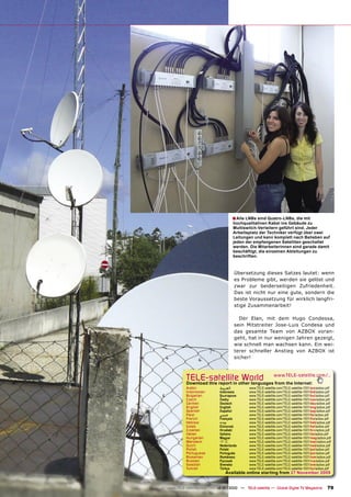 ■ Alle LNBs sind Quatro-LNBs, die mit
                                     hochqualitativen Kabel ins Gebäude zu
                                     Multiswitch-Verteilern geführt sind. Jeder
                                     Arbeitsplatz der Techniker verfügt über zwei
                                     Leitungen und kann komplett nach Belieben auf
                                     jeden der empfangenen Satelliten geschaltet
                                     werden. Die Mitarbeiterinnen sind gerade damit
                                     beschäftigt, die einzelnen Ableitungen zu
                                     beschriften.



                                     Übersetzung dieses Satzes lautet: wenn
                                     es Probleme gibt, werden sie gelöst und
                                     zwar zur beiderseitigen Zufriedenheit.
                                     Das ist nicht nur eine gute, sondern die
                                     beste Voraussetzung für wirklich langfri-
                                     stige Zusammenarbeit!

                                       Der Elan, mit dem Hugo Condessa,
                                     sein Mitstreiter Jose-Luis Condesa und
                                     das gesamte Team von AZBOX voran-
                                     geht, hat in nur wenigen Jahren gezeigt,
                                     wie schnell man wachsen kann. Ein wei-
                                     terer schneller Anstieg von AZBOX ist
                                     sicher!



         TELE-satellite World                                www.TELE-satellite.com/...
         Download this report in other languages from the Internet:
         Arabic            ‫ﺍﻟﻌﺮﺑﻴﺔ‬           www.TELE-satellite.com/TELE-satellite-1001/ara/azbox.pdf
         Indonesian        Indonesia         www.TELE-satellite.com/TELE-satellite-1001/bid/azbox.pdf
         Bulgarian         Български         www.TELE-satellite.com/TELE-satellite-1001/bul/azbox.pdf
         Czech             Česky             www.TELE-satellite.com/TELE-satellite-1001/ces/azbox.pdf
         German            Deutsch           www.TELE-satellite.com/TELE-satellite-1001/deu/azbox.pdf
         English           English           www.TELE-satellite.com/TELE-satellite-1001/eng/azbox.pdf
         Spanish           Español           www.TELE-satellite.com/TELE-satellite-1001/esp/azbox.pdf
         Farsi             ‫ﻓﺎﺭﺳﻲ‬             www.TELE-satellite.com/TELE-satellite-1001/far/azbox.pdf
         French            Français          www.TELE-satellite.com/TELE-satellite-1001/fra/azbox.pdf
         Hebrew            ‫עברית‬             www.TELE-satellite.com/TELE-satellite-1001/heb/azbox.pdf
         Greek             Ελληνικά          www.TELE-satellite.com/TELE-satellite-1001/hel/azbox.pdf
         Croatian          Hrvatski          www.TELE-satellite.com/TELE-satellite-1001/hrv/azbox.pdf
         Italian           Italiano          www.TELE-satellite.com/TELE-satellite-1001/ita/azbox.pdf
         Hungarian         Magyar            www.TELE-satellite.com/TELE-satellite-1001/mag/azbox.pdf
         Mandarin          中文                www.TELE-satellite.com/TELE-satellite-1001/man/azbox.pdf
         Dutch             Nederlands        www.TELE-satellite.com/TELE-satellite-1001/ned/azbox.pdf
         Polish            Polski            www.TELE-satellite.com/TELE-satellite-1001/pol/azbox.pdf
         Portuguese        Português         www.TELE-satellite.com/TELE-satellite-1001/por/azbox.pdf
         Romanian          Românesc          www.TELE-satellite.com/TELE-satellite-1001/rom/azbox.pdf
         Russian           Русский           www.TELE-satellite.com/TELE-satellite-1001/rus/azbox.pdf
         Swedish           Svenska           www.TELE-satellite.com/TELE-satellite-1001/sve/azbox.pdf
         Turkish           Türkçe            www.TELE-satellite.com/TELE-satellite-1001/tur/azbox.pdf
                              Available online starting from 27 November 2009


www.TELE-satellite.com — 12-01/2010 — TELE-satellite — Global Digital TV Magazine                 79
 