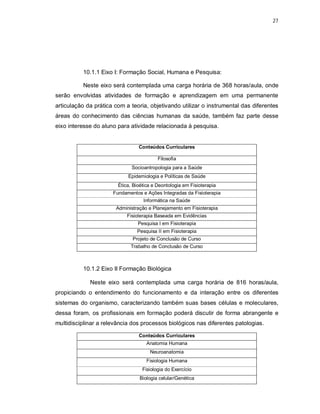 27 
10.1.1 Eixo I: Formação Social, Humana e Pesquisa: 
Neste eixo será contemplada uma carga horária de 368 horas/aula, onde 
serão envolvidas atividades de formação e aprendizagem em uma permanente 
articulação da prática com a teoria, objetivando utilizar o instrumental das diferentes 
áreas do conhecimento das ciências humanas da saúde, também faz parte desse 
eixo interesse do aluno para atividade relacionada à pesquisa. 
Conteúdos Curriculares 
Filosofia 
Socioantropologia para a Saúde 
Epidemiologia e Políticas de Saúde 
Ética, Bioética e Deontologia em Fisioterapia 
Fundamentos e Ações Integradas da Fisioterapia 
Informática na Saúde 
Administração e Planejamento em Fisioterapia 
Fisioterapia Baseada em Evidências 
Pesquisa I em Fisioterapia 
Pesquisa II em Fisioterapia 
Projeto de Conclusão de Curso 
Trabalho de Conclusão de Curso 
10.1.2 Eixo II Formação Biológica 
Neste eixo será contemplada uma carga horária de 816 horas/aula, 
propiciando o entendimento do funcionamento e da interação entre os diferentes 
sistemas do organismo, caracterizando também suas bases células e moleculares, 
dessa foram, os profissionais em formação poderá discutir de forma abrangente e 
multidisciplinar a relevância dos processos biológicos nas diferentes patologias. 
Conteúdos Curriculares 
Anatomia Humana 
Neuroanatomia 
Fisiologia Humana 
Fisiologia do Exercício 
Biologia celular/Genética 
 