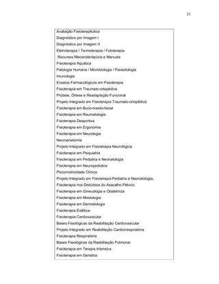 31 
Avaliação Fisioterapêutica 
Diagnóstico por Imagem I 
Diagnóstico por Imagem II 
Eletroterapia / Termoterapia / Fototerapia 
Recursos Mecanoterápicos e Manuais 
Fisioterapia Aquática 
Patologia Humana / Microbiologia / Parasitologia 
Imunologia 
Ensaios Farmacológicos em Fisioterapia 
Fisioterapia em Traumato-ortopédica 
Prótese, Órtese e Readaptação Funcional 
Projeto Integrado em Fisioterapia Traumato-ortopédica 
Fisioterapia em Buco-maxilo-facial 
Fisioterapia em Reumatologia 
Fisioterapia Desportiva 
Fisioterapia em Ergonomia 
Fisioterapia em Neurologia 
Neuroanatomia 
Projeto Integrado em Fisioterapia Neurológica 
Fisioterapia em Psiquiatria 
Fisioterapia em Pediatria e Neonatologia 
Fisioterapia em Neuropediatria 
Psicomotricidade Clínica 
Projeto Integrado em Fisioterapia Pediatria e Neonatologia, 
Fisioterapia nos Distúrbios do Assoalho Pélvico. 
Fisioterapia em Ginecologia e Obstetrícia 
Fisioterapia em Mastologia 
Fisioterapia em Dermatologia 
Fisioterapia Estética 
Fisioterapia Cardiovascular 
Bases Fisiológicas da Reabilitação Cardiovascular 
Projeto Integrado em Reabilitação Cardiorrespiratória 
Fisioterapia Respiratória 
Bases Fisiológicas da Reabilitação Pulmonar 
Fisioterapia em Terapia Intensiva 
Fisioterapia em Geriatria 
 