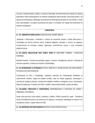 33 
Conceito, evolução histórica, política e social da Fisioterapia. Reconhecimento do contexto de atuação 
profissional. Prática fisioterapêutica em ambiente ambulatorial supervisionado. Observação prática e da 
atuação do fisioterapeuta. Abordagem da profissão do fisioterapeuta do ponto de vista histórico e atual, 
suas especialidades, seu papel na promoção da saúde e no trabalho com equipe inter-profissional no 
ambiente ambulatorial. 
SEMESTRE II 
S2 - M1 CINEMÁTICA MUSCULAR I (CINESIOLOGIA / BIOMECÂNICA): 
Introdução à biomecânica. Cinemática e cinética do movimento humano. Estudo biomecânico e 
cinesiológico da marcha humana normal. Anatomia palpatória: princípios e técnicas de palpação, 
reconhecimento de músculos, tendões, ligamentos, proeminências ósseas e suas correlações 
anátomo-clínicas. 
S2 - M2 LÓGICA MOLECULAR DOS SERES VIVOS II (ANATOMIA HUMANA / FISIOLOGIA 
HUMANA): 
Anatomia humana. Estrutura dos principais órgãos e sistemas. Fisiologia dos sistemas. Contração do 
músculo esquelético. Estrutura do neurônio. Eletrofisiologia. 
S2 - M3 INTRODUÇÃO A PESQUISA II (ÉTICA, BIOÉTICA E DEONTOLOGIA EM FISIOTERAPIA / 
PESQUISA EM FISIOTERAPIA II): 
Conceituação de Ética e Deontologia. Legislação específica do Fisioterapeuta Introdução ao 
conhecimento científico, etapas do trabalho científico, tipos de estudo, população, amostragem e 
conceitos de medida ou aferição. Estrutura dos trabalhos científicos, monografias, teses e dissertações. 
Regras de publicação. Estatística descritiva e analítica. Apresentação tabular e gráfica de dados. 
S2 – M4 SAÚDE: PROCESSO E ASSISTÊNCIA (EPIDEMIOLOGIA E POLÍTICAS DE SAÚDE / 
PRIMEIROS SOCORROS): 
Saúde como processo sócio-cultural, econômico e político. Política nacional de saúde. Previdência 
Social. Procedimentos básicos de assistência em urgência e emergência. Abordagem no trauma e nas 
emergências clínicas. Suporte Básico de Vida. 
S2 – M5 VIVÊNCIAS EM FISIOTERAPIA II (PRÁTICA FISIOTERAPÊUTICA II): 
 