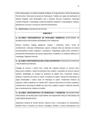 36 
Prática fisioterapêutica em ambiente hospitalar (Unidades de Terapia Intensiva e Sala de Recuperação 
Pós-Anestésica). Observação da atuação do fisioterapeuta. Trabalho com equipe inter-profissional no 
ambiente hospitalar. Rede interdisciplinar entre a Anatomia, Recursos Terapêuticos, Fisioterapia 
Traumato Ortopedia e Traumatologia. Estudo dos problemas ortopédicos e traumatológicos: avaliação, 
planejamento, prescrição e execução de tratamento fisioterapêutico. 
S 4 – M5 OPTATIVA (CONTEÚDOS OPTATIVOS) 
SEMESTRE V 
S5 – M1 CLÍNICA FISIOTERAPÊUTICA EM PATOLOGIAS REUMÁTICAS (FISIOTERAPIA EM 
REUMATOLOGIA FISIOTERAPIA ERGONÔMICA E NO TRABALHO): 
Doenças reumáticas, etiologia, patogênese, evolução e tratamentos clínicos. Teorias do 
envelhecimento e alterações morfofuncionais corporais. Avaliação clínica das disfunções do sistema 
musculoesquelético (tecidos conjuntivos e articulações). Fisiopatologia, quadro clínico, tratamento e 
procedimentos fisioterapêuticos das doenças degenerativas, metabólicas e as síndromes dolorosas em 
reumatologia. Diagnóstico funcional. 
S5 – M2 CLÍNICA FISIOTERAPÊUTICA NAS LESÕES DESPORTIVAS (FISIOLOGIA DO EXERCÍCIO 
/ FISIOTERAPIA DESPORTIVA): 
Fisiologia do exercício e esforço físico. Estudo das respostas humanas ao exercício físico. 
Repercussões imediatas e tardias do treinamento físico aeróbico e anaeróbico nos diversos sistemas 
orgânicos. Metodologias de avaliação de parâmetros da aptidão física. Treinamento esportivo. 
Avaliação e tratamento das lesões no esporte. Emergência no esporte. Interação do fisioterapeuta na 
equipe interdisciplinar e tópicos atuais em fisioterapia no esporte. Fundamentos históricos da 
Ergonomia. Análise Ergonômica do Trabalho (AET). Aspectos biomecânicos do sistema esquelético. 
Entendimento da sobrecarga de trabalho sob a ótica física, cognitiva e psíquica. Estudo dos elementos 
para a transformação das condições de trabalho. 
S5 – M3 CLÍNICA FISIOTERAPÊUTICA EM NEUROLOGIA E PSIQUIATRIA (NEUROANATOMIA/ 
FISIOTERAPIA EM NEUROLOGIA/ FISIOTERAPIA EM PSIQUIATRIA/ PROJETO INTEGRADO EM 
FISIOTERAPIA NEUROLÓGICA): 
Organização estrutural do Sistema Nervoso. Aspectos macro e microscópicos em neuroanatomia. 
Distúrbios físicos e funcionais nas afecções neurológicas. Métodos e técnicas fisioterapêuticas nos 
 
