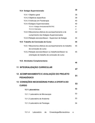 10.4 Estágio Supervisionado 39 
10.4.1 Objetivo geral 39 
10.4.2 Objetivos específicos 39 
10.4.3 Vivências em Fisioterapia 40 
10.4.4 Estágios Supervisionados 40 
10.4.4.1 Estágio Ambulatorial/CRUTAC 41 
10.4.4.2 Internatos 41 
10.4.5 Mecanismos efetivos de acompanhamento e de 
cumprimento dos Estágios Supervisionados 
42 
10.4.6 Relação aluno/professor - Supervisor de Estágio 44 
10.5 Trabalho de Conclusão de Curso 44 
10.5.1 Mecanismos efetivos de acompanhamento do trabalho 
de conclusão de curso 
45 
10.5.2 Relação aluno/professor ou trabalho/professor na 
orientação de trabalho de conclusão de curso 
45 
10.6 Atividades Complementares 
46 
11 INTEGRALIZAÇÃO CURRICULAR 
47 
12 ACOMPANHAMENTO E AVALIAÇÃO DO PROJETO 
PEDAGÓGICO 
51 
13 CONDIÇÕES NECESSÁRIAS PARA A OFERTA DO 
CURSO 
13.1 Laboratórios 
13.1.1 Laboratório de Microscopia 
13.1.2 Laboratório de Anatomia 
13.1.3 Laboratório de Fisiologia 
13.1.4 Laboratório de Cinesiologia/Biomecânica e 
53 
53 
53 
53 
54 
 