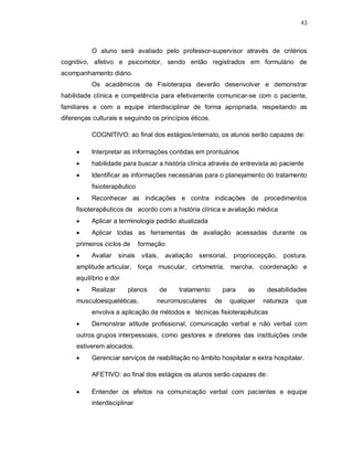 43 
O aluno será avaliado pelo professor-supervisor através de critérios 
cognitivo, afetivo e psicomotor, sendo então registrados em formulário de 
acompanhamento diário. 
Os acadêmicos de Fisioterapia deverão desenvolver e demonstrar 
habilidade clínica e competência para efetivamente comunicar-se com o paciente, 
familiares e com a equipe interdisciplinar de forma apropriada, respeitando as 
diferenças culturais e seguindo os princípios éticos. 
COGNITIVO: ao final dos estágios/internato, os alunos serão capazes de: 
 Interpretar as informações contidas em prontuários 
 habilidade para buscar a história clínica através de entrevista ao paciente 
 Identificar as informações necessárias para o planejamento do tratamento 
fisioterapêutico 
 Reconhecer as indicações e contra indicações de procedimentos 
fisioterapêuticos de acordo com a história clínica e avaliação médica 
 Aplicar a terminologia padrão atualizada 
 Aplicar todas as ferramentas de avaliação acessadas durante os 
primeiros ciclos de formação 
 Avaliar sinais vitais, avaliação sensorial, propriocepção, postura, 
amplitude articular, força muscular, cirtometria, marcha, coordenação e 
equilíbrio e dor 
 Realizar planos de tratamento para as desabilidades 
musculoesqueléticas, neuromusculares de qualquer natureza que 
envolva a aplicação de métodos e técnicas fisioterapêuticas 
 Demonstrar atitude profissional, comunicação verbal e não verbal com 
outros grupos interpessoais, como gestores e diretores das instituições onde 
estiverem alocados. 
 Gerenciar serviços de reabilitação no âmbito hospitalar e extra hospitalar. 
AFETIVO: ao final dos estágios os alunos serão capazes de: 
 Entender os efeitos na comunicação verbal com pacientes e equipe 
interdisciplinar 
 