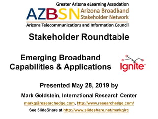 Emerging Broadband
Capabilities & Applications
Presented May 28, 2019 by
Mark Goldstein, International Research Center
markg@researchedge.com, http://www.researchedge.com/
See SlideShare at http://www.slideshare.net/markgirc
 