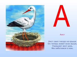 Аист
Аист свил гнездо на крыше
.Он теперь живет всех выше
,Украшает аист дом
.Мы заботимся о нем
 