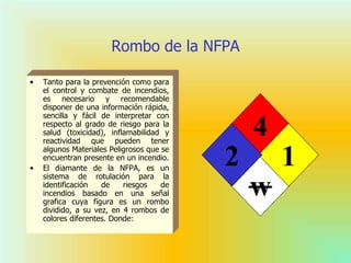 Rombo de la NFPA
• Tanto para la prevención como para
el control y combate de incendios,
es necesario y recomendable
disponer de una información rápida,
sencilla y fácil de interpretar con
respecto al grado de riesgo para la
salud (toxicidad), inflamabilidad y
reactividad que pueden tener
algunos Materiales Peligrosos que se
encuentran presente en un incendio.
• El diamante de la NFPA, es un
sistema de rotulación para la
identificación de riesgos de
incendios basado en una señal
grafica cuya figura es un rombo
dividido, a su vez, en 4 rombos de
colores diferentes. Donde:
w
4
12
 