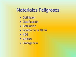 Materiales Peligrosos
• Definición
• Clasificación
• Rotulación
• Rombo de la NFPA
• HDS
• GRENA
• Emergencia
 