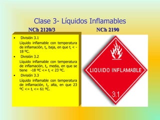 Clase 3- Líquidos Inflamables
• División 3.1
Líquido inflamable con temperatura
de inflamación, ti, baja, en que ti < -
18 ºC.
• División 3.2
Líquido inflamable con temperatura
de inflamación, ti, media, en que se
tiene -18 ºC <= ti < 23 ºC.
• División 3.3
Líquido inflamable con temperatura
de inflamación, ti, alta, en que 23
ºC <= ti <= 61 ºC.
NCh 2190NCh 2120/3
 