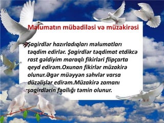 Məlumatın mübadiləsi və müzakirəsi
Şagirdlər hazırladıqları məlumatları
təqdim edirlər. Şagirdlər təqdimat etdikcə
rast gəldiyim maraqlı fikirləri flipçarta
qeyd edirəm.Oxunan fikirlər müzakirə
olunur.Əgər müəyyən səhvlər varsa
düzəlişlər edirəm.Müzakirə zamanı
şagirdlərin fəallığı təmin olunur.
 