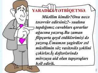 YARADICI TƏTBİQETMƏ.
Müəllim kimdir?Onu necə
təsəvvür edirsiniz?- sualına
tapdığımız cavabları qərarlar
ağacına yazırıq.Bu zaman
flipçarta qeyd etdiklərimizi də
yazırıq.Ümumən şagirdlər əsl
müəllimin söz vasitəsilə şəklini
çəkirlər.İş dəftərlərində
mövzuya aid olan tapşırıqları
həll edirik.
 
